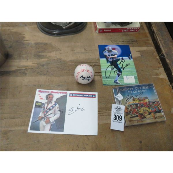 Evil Knievel Signature, Kenny Chesney CD, Miami Dolphin Signature