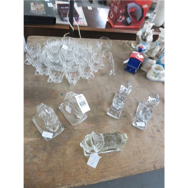 Lot of Glass Door Stop Bookends, Platter and Cups