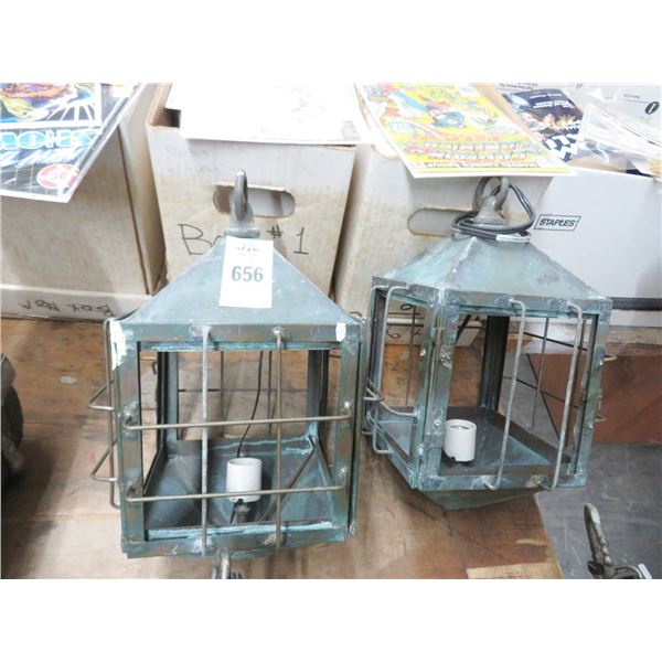 Pair of Vintage Metal Railroad Cage Hanging Lanterns