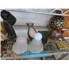 Image 2 : Shelf of Wood Box, Glass Lamp Shades and Décor