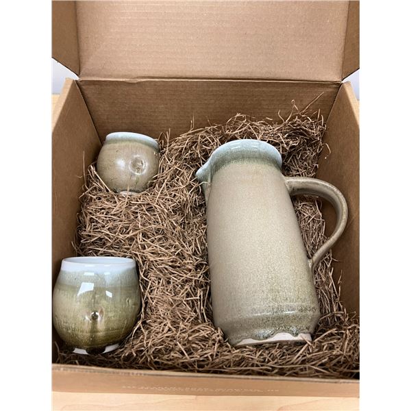 Signed Studio Art Pottery Pitcher & Cups - Pitcher 8.5  Cups 3  please see photos.