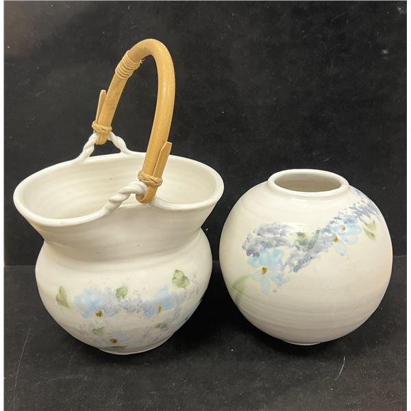 2 Artist Signed Studio Art Pottery Planters / Vases (largest approx: 6.5 W 6.5  tall)