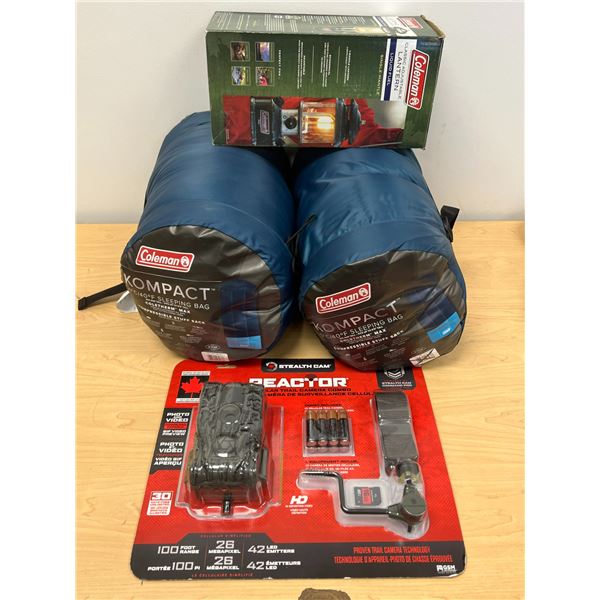 Camping Package as Pictured 2 Coleman Sleeping Bags / Lantern & Stealth Cam Trail Cam
