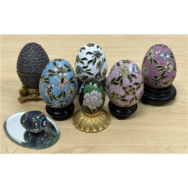 7 Decorative Painted Metal Eggs & Stands as pictured