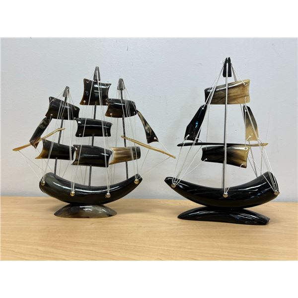 2 Horn Carved Decorative Nautical Ships Boats (larger approx: 12.5 W 11.5 T)