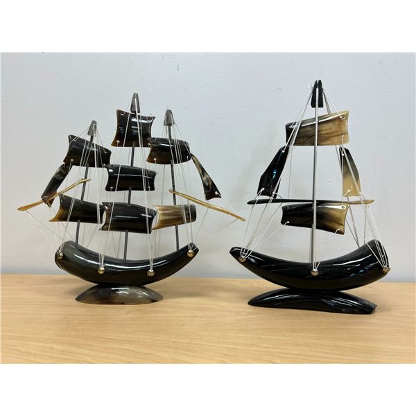 2 Horn Carved Decorative Nautical Ships Boats (larger approx: 12.5"W 11.5"T)