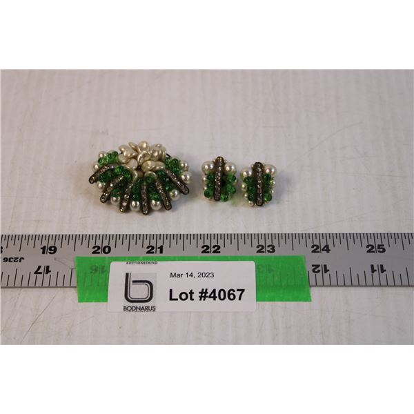 Set of Vintage Rhinestone Brooch and Clip On Earrings Set - Made in France