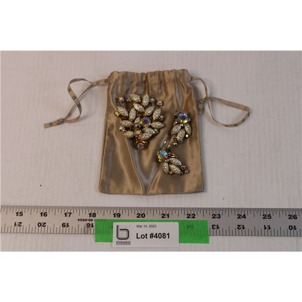 Vintage Matching Brooch and Clip on Earrings Set - Rhinestone