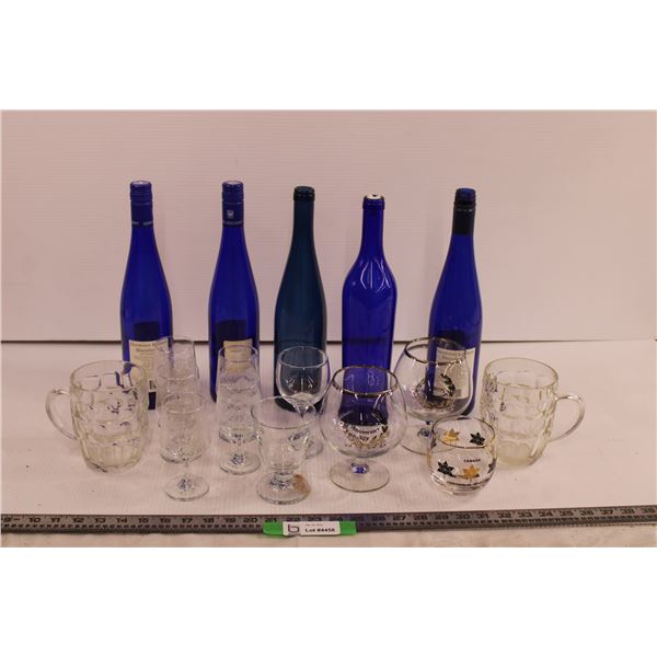 (5) Blue Bottles + (12) Assorted Cups and Glasses