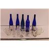 Image 1 : (5) Blue Bottles + (12) Assorted Cups and Glasses