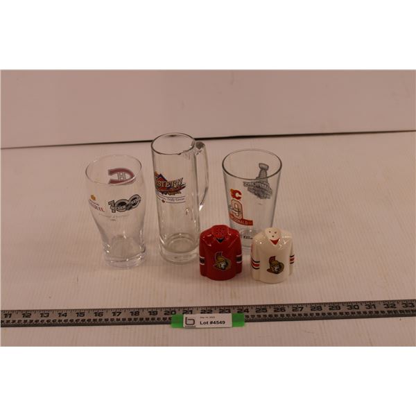 (3) Beer Glasses + Sports Salt & Pepper Shakers