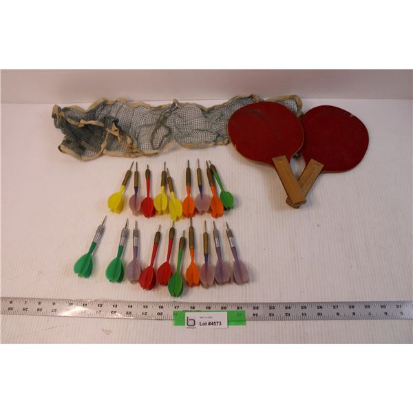 Lot w/ Darts, Ping-Pong Paddles, and Net