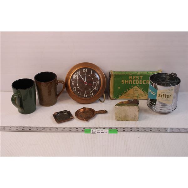 Lot of Assorted Vintage Item - Clock, Kitchen Wear, Mugs (Shredder Box is Damaged, Carving is Chippe