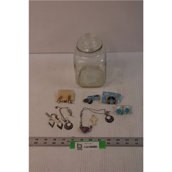 Glass Jar and Assorted Jewelry