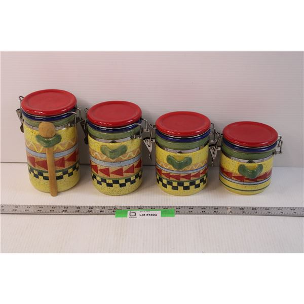 (4) Ceramic Kitchen Storage Jars with Spoons (3 of the Jars are Missing the Spoons)