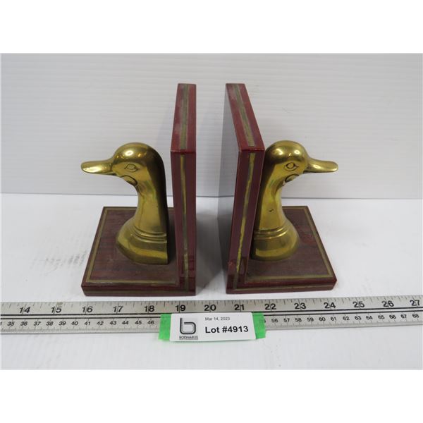 Brass & Wood Duck Head Book Ends