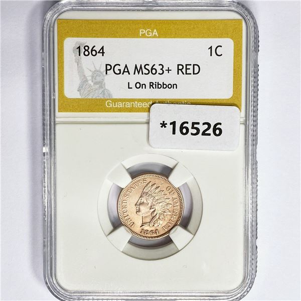 1864 Indian Head Cent PGA MS63+ RED L on Ribbon