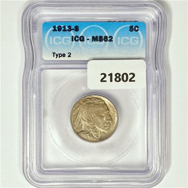 1913-S Buffalo Nickel ICG MS62 Type 2