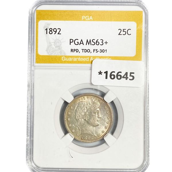 1892 Barber Quarter PGA MS63+ RPD, TDO, FS-301