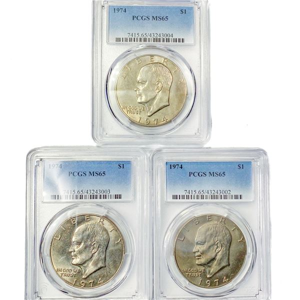 1974 Set (3) Eisenhower Silver Dollars PCGS MS65