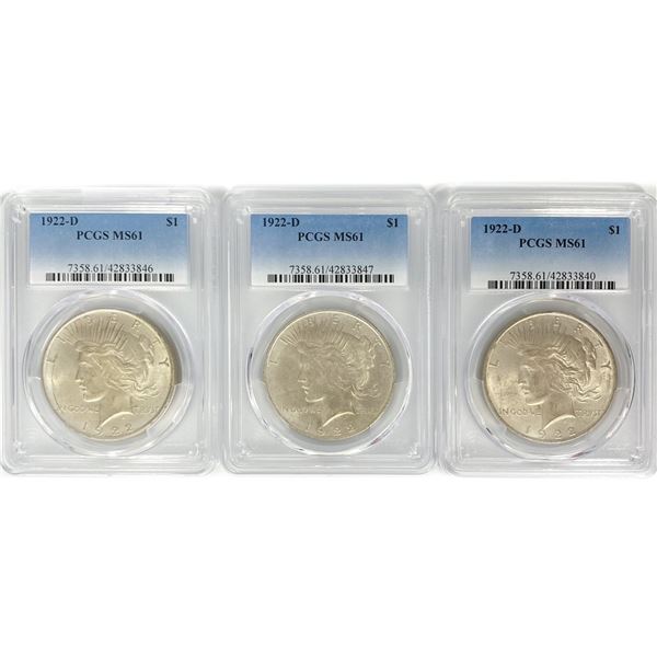 1922-D Set (3) Silver Peace Dollar PCGS MS61