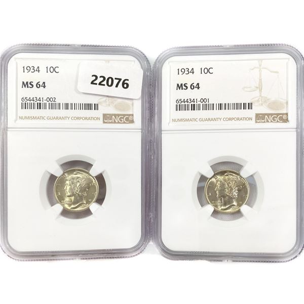 1934 Set (2) Mercury Silver Dime NGC MS64