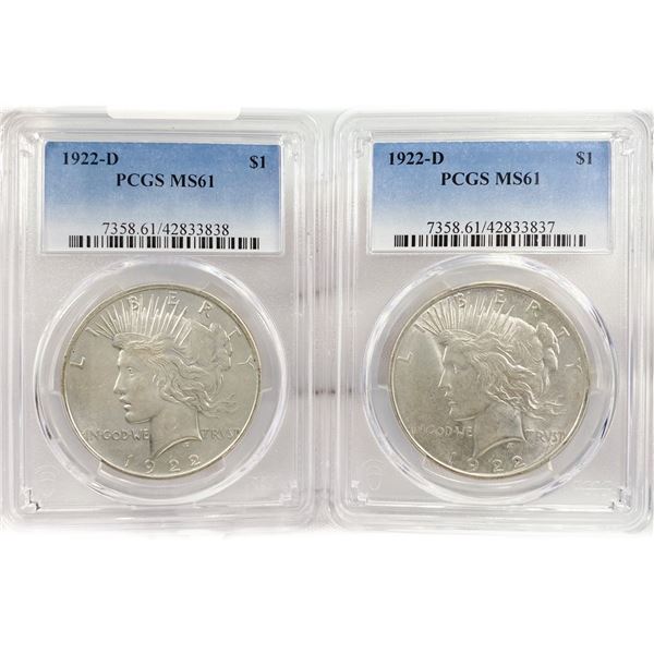 1922-D Set (2) Silver Peace Dollar PCGS MS61