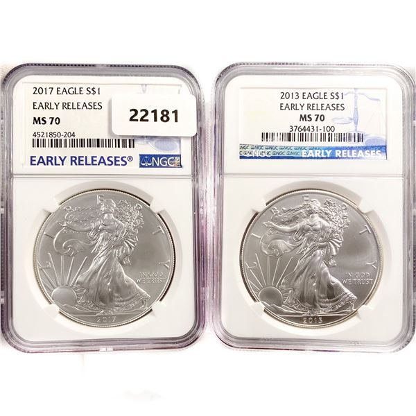 2017, 2013 (2) American Silver Eagle NGC MS70