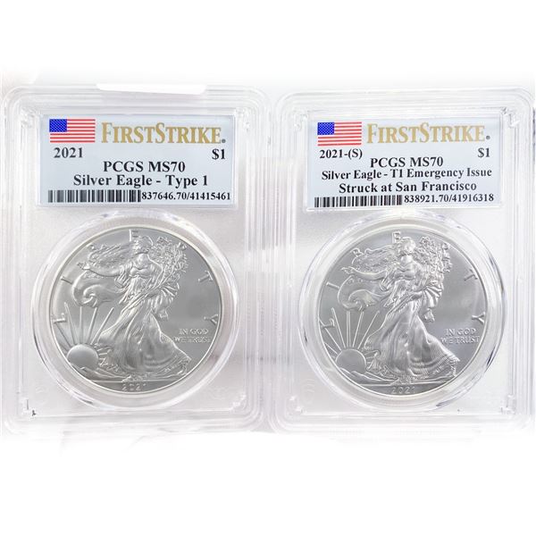 2021 Set (2) American Silver Eagles PCGS MS70 Ty