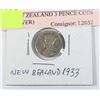Image 2 : 1933 NEW ZEALAND 3 PENCE COIN (50% SILVER)