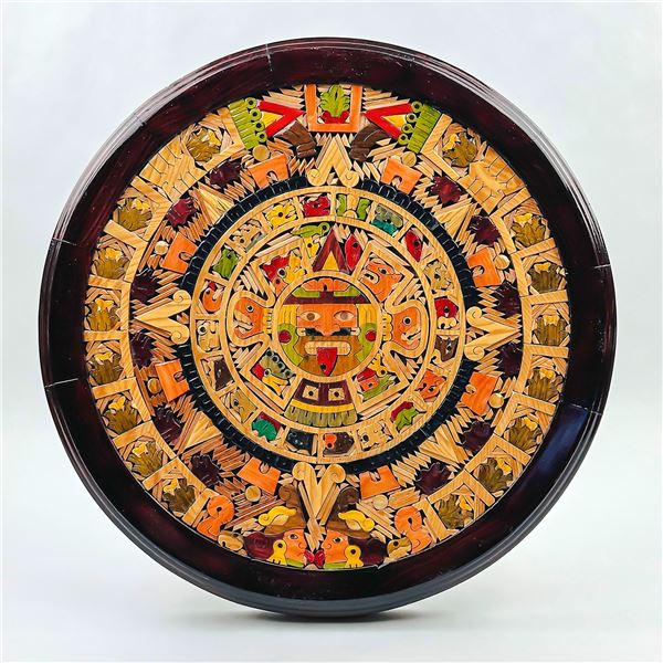LARGE WOOD INLAY AZTEC MAYAN CALENDAR SCULPTURE