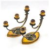 Image 1 : PAIR OF SQUARE BRASS & WOOD 3-TIER CANDLESTICKS