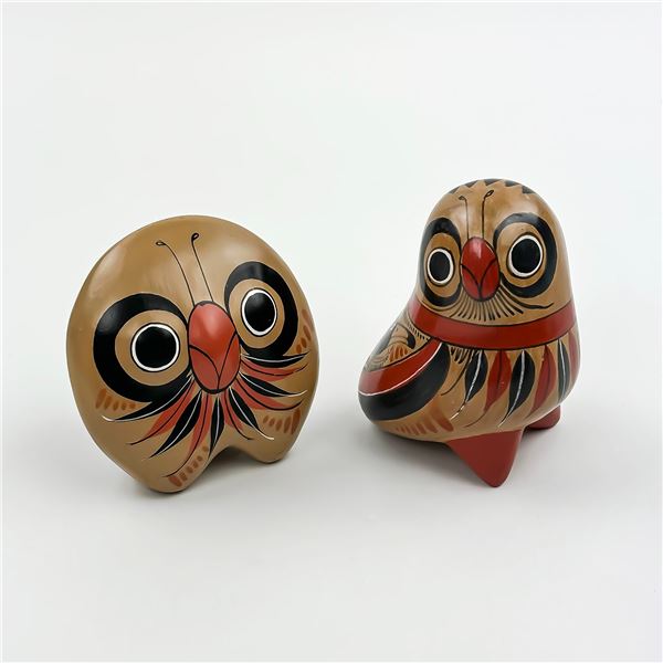 TWO HAND PAINTED MEXICAN FOLK ART TONALA OWLS