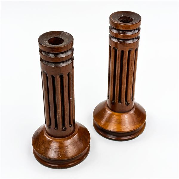 VINTAGE PAIR FLUTED COLUMN WOODEN CANDLESTICKS