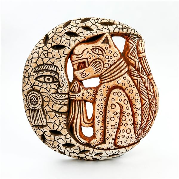 MOON & LEOPARD CHALKWARE WALL PLAQUE - MAYAN?