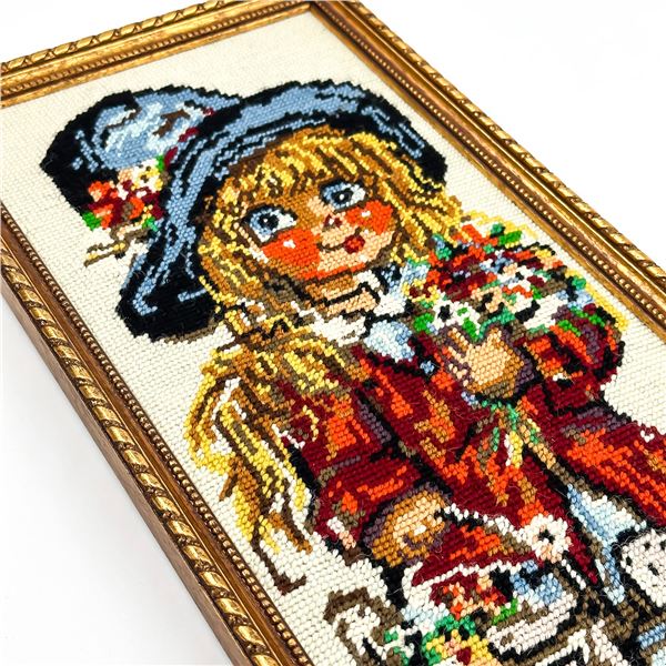 VINTAGE FRAMED 70’S CROSS STITCH GIRL POULBOT