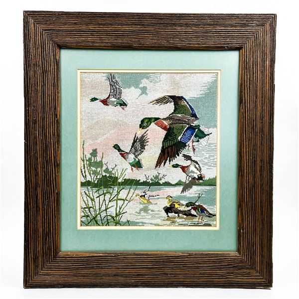 VTG COMPLETED MALLARD DUCKS CROSS STITCH PICTURE