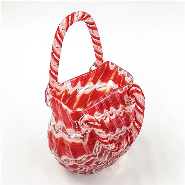 HAND BLOWN CANDY CANE STYLED ART GLASS BASKET