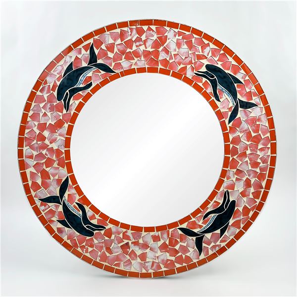 ROUND MOSAIC CUT GLASS DOLPHIN THEMED MIRROR