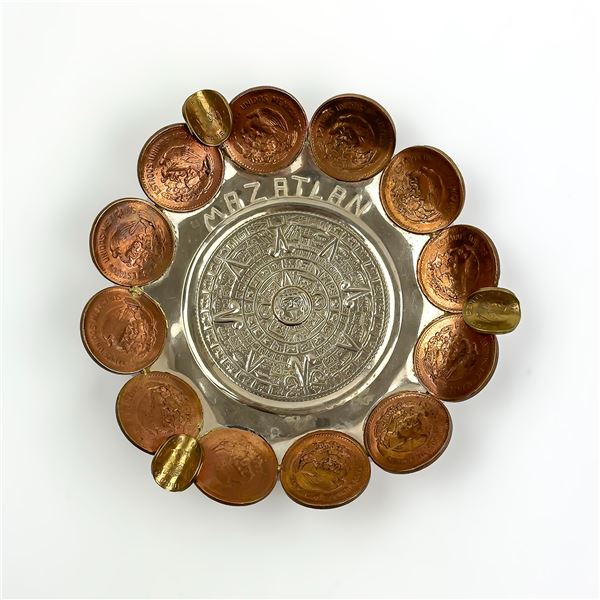 VTG AZTEC CALENDAR COIN ASHTRAY MAZATLAN MEXICO