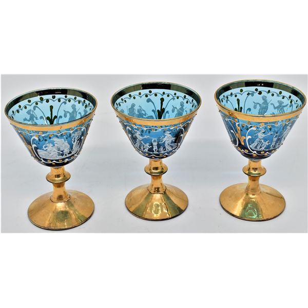 Set of 3 Vintage Italian Aqua Blue Wine Glasses
