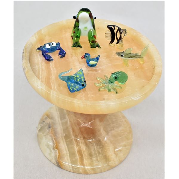 Mexican Carved Onyx Pedestal Stand, Glass Animals
