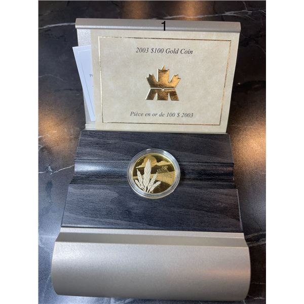 2003 CANADA $100 DISCOVERY OF MARQUIS WHEAT CENTENNIAL 14K GOLD COIN 13.34g