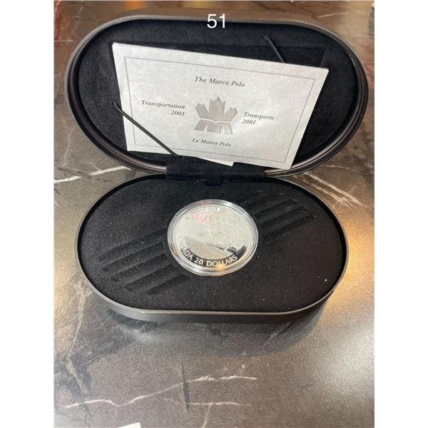 2001 CANADA $20 TRANSPORTATION SHIP - MARCO POLO STERLING SILVER