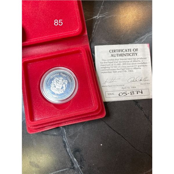 1984 Alberta Papal Visit Silver Coin