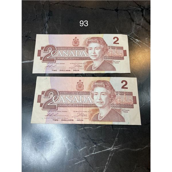 2x 1986 $2 Canadian Bills