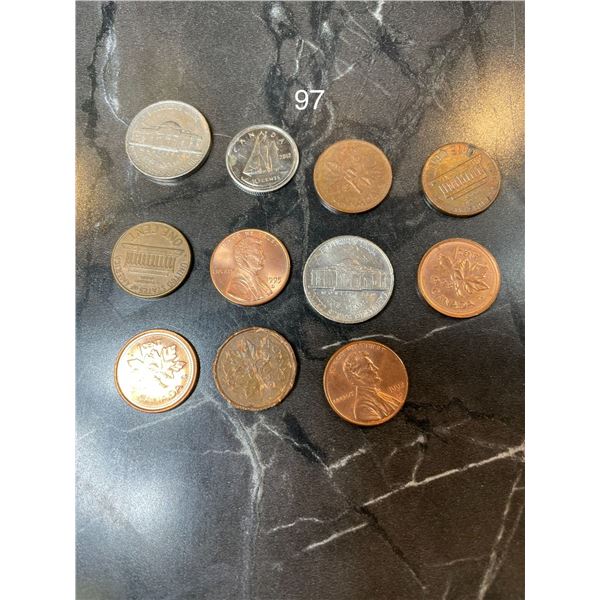 Mix of Canadian and American Currency, Pennies, Nickles, Dimes