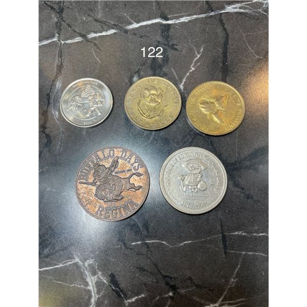 5x Tokens, Klondike Days, Buffalo Days, Ontario and Manitoba flowers, Canadian Tire