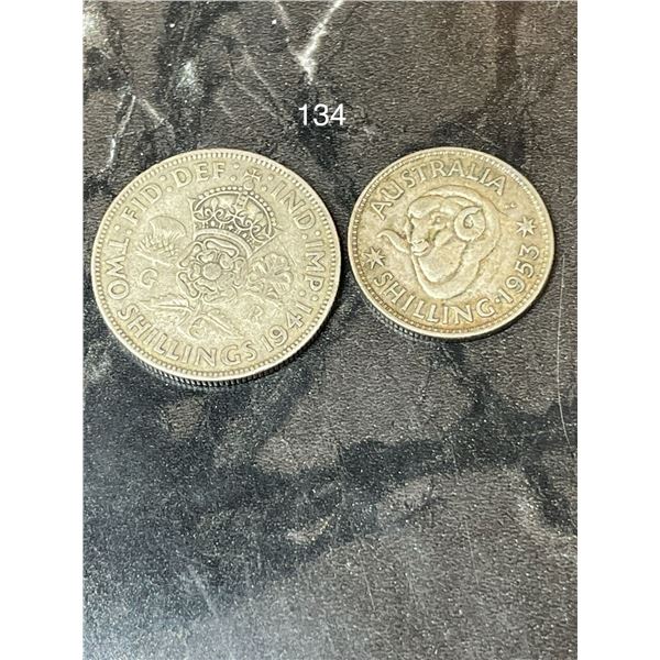 1941 UK 2 Shilling (.500 Silver) & 1953 Australia Shilling (.500 Silver)