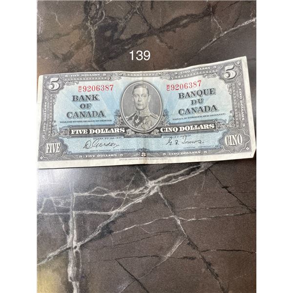 1937 $5 Canadian Banknote